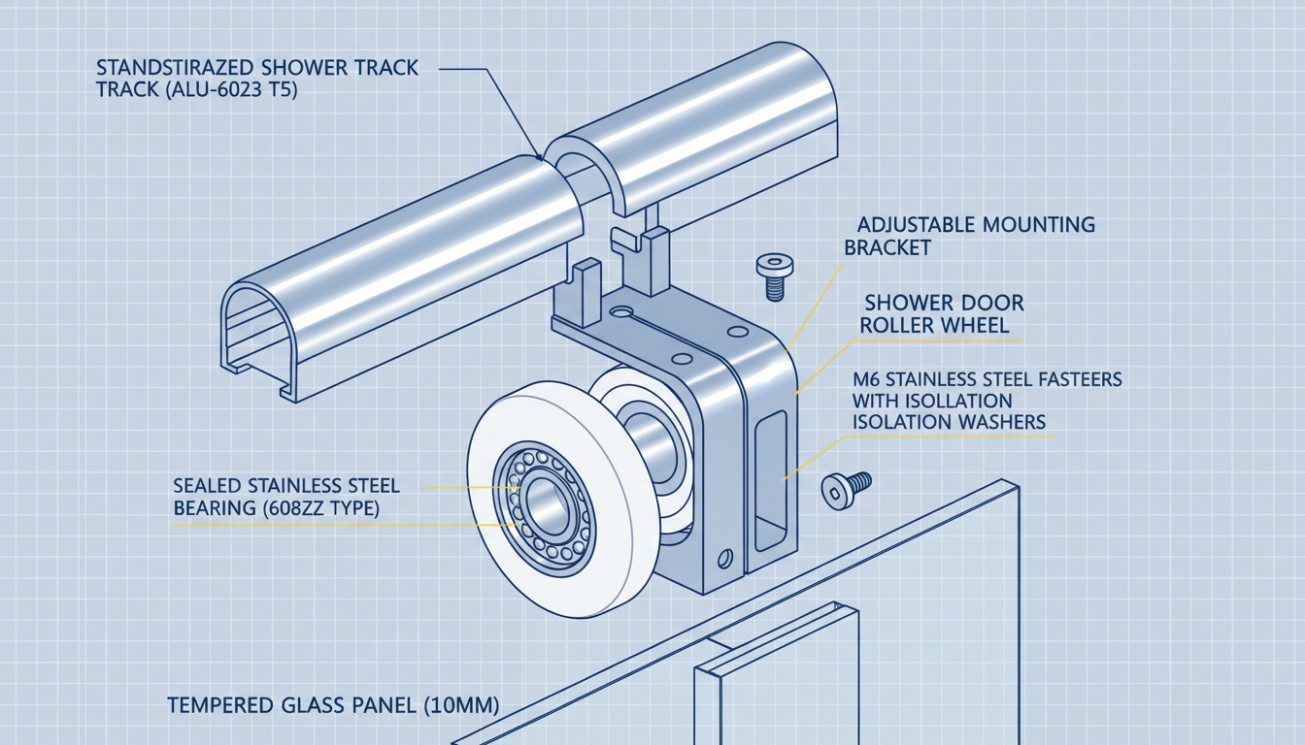 Standardized shower door roller interface showing the track, mounting bracket, sealed bearing, fasteners and glass panel
